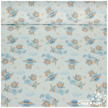 PIQUÉ BLANCO ALGODÓN ESTAMPADO OSITOS AVIADORES 150cm
