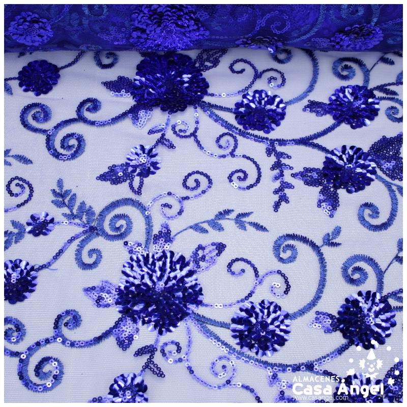TUL AZUL BORDADO CON LENTEJUELAS FLORALES SERIE TANIA 130cm