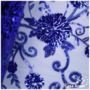 TUL AZUL BORDADO CON LENTEJUELAS FLORALES SERIE TANIA 130cm