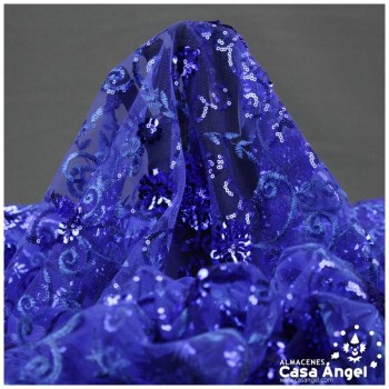 TUL AZUL BORDADO CON LENTEJUELAS FLORALES SERIE TANIA 130cm