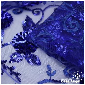 TUL AZUL BORDADO CON LENTEJUELAS FLORALES SERIE TANIA 130cm