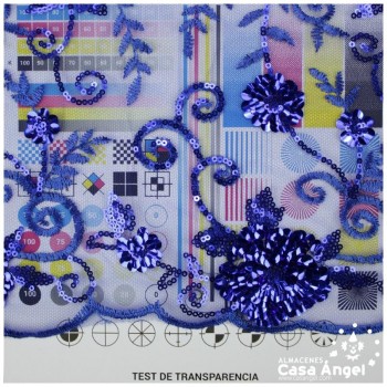 TUL AZUL BORDADO CON LENTEJUELAS FLORALES SERIE TANIA 130cm