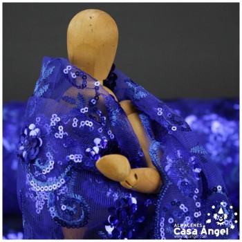 TUL AZUL BORDADO CON LENTEJUELAS FLORALES SERIE TANIA 130cm