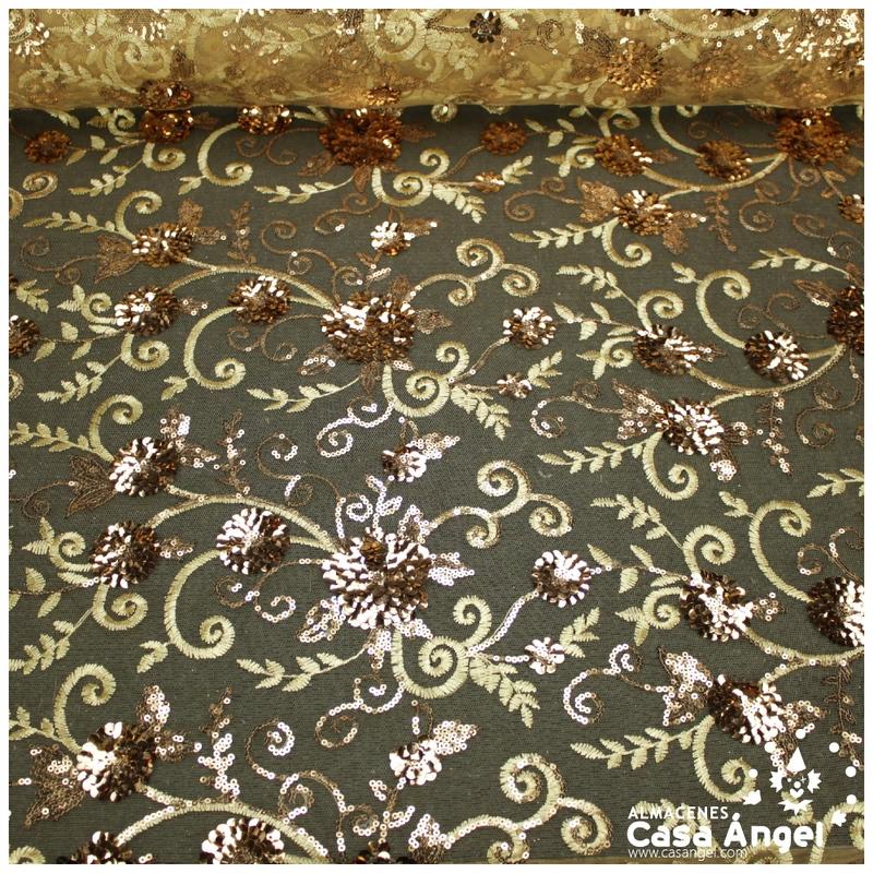 TUL DORADO BORDADO CON LENTEJUELAS FLORALES SERIE TANIA 130cm