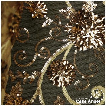 TUL DORADO BORDADO CON LENTEJUELAS FLORALES SERIE TANIA 130cm