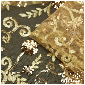 TUL DORADO BORDADO CON LENTEJUELAS FLORALES SERIE TANIA 130cm
