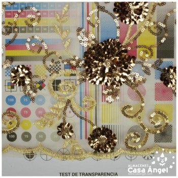 TUL DORADO BORDADO CON LENTEJUELAS FLORALES SERIE TANIA 130cm