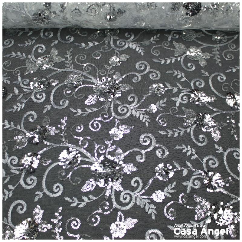 TUL PLATA BORDADO CON LENTEJUELAS FLORALES SERIE TANIA 130cm