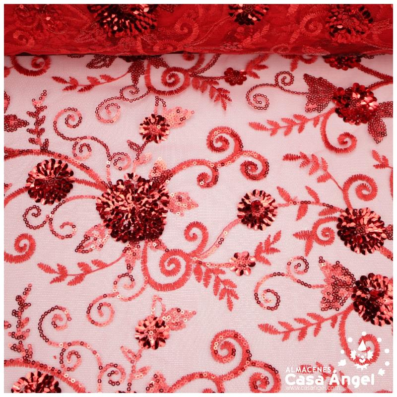 TUL ROJO BORDADO CON LENTEJUELAS FLORALES SERIE TANIA 130cm