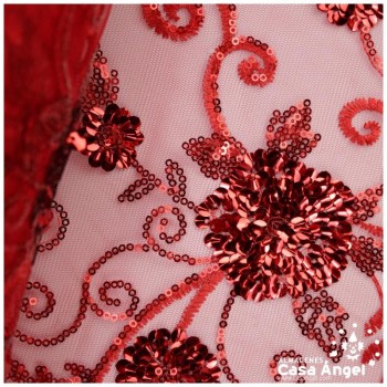 TUL ROJO BORDADO CON LENTEJUELAS FLORALES SERIE TANIA 130cm
