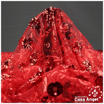 TUL ROJO BORDADO CON LENTEJUELAS FLORALES SERIE TANIA 130cm