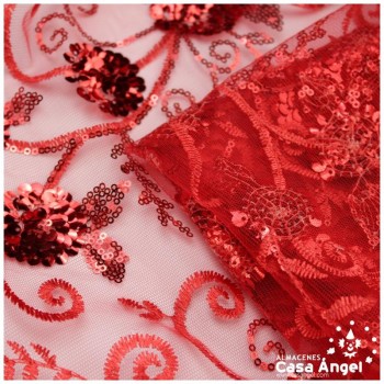TUL ROJO BORDADO CON LENTEJUELAS FLORALES SERIE TANIA 130cm