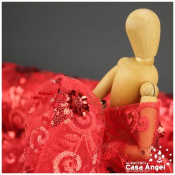 TUL ROJO BORDADO CON LENTEJUELAS FLORALES SERIE TANIA 130cm