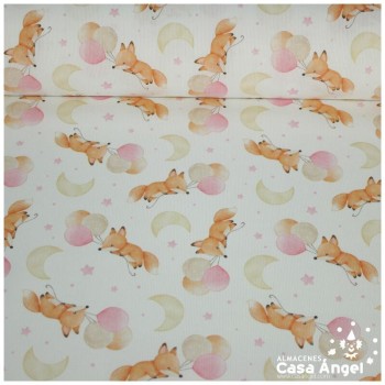 PIQUÉ BLANCO ALGODÓN 100% ESTAMPADO ZORRITOS Y GLOBOS 150cm