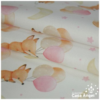 PIQUÉ BLANCO ALGODÓN 100% ESTAMPADO ZORRITOS Y GLOBOS 150cm