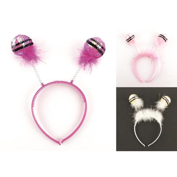 DIADEMA ANTENAS BOLAS LENTEJUELAS Y PLUMAS