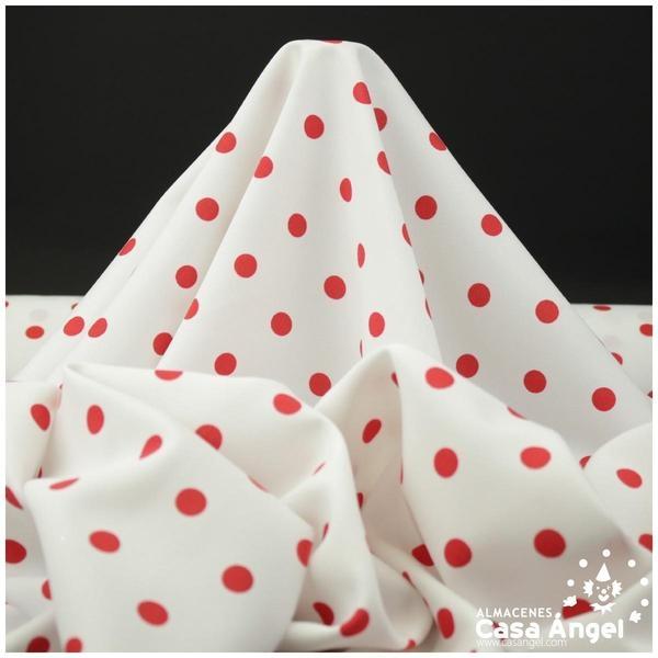 TELA STRECH PLANA DE LUNARES ROJOS SOBRE BLANCO SERIE TRILLA 150cm