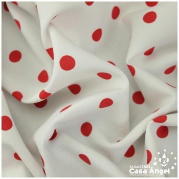 TELA STRECH PLANA DE LUNARES ROJOS SOBRE BLANCO SERIE TRILLA 150cm