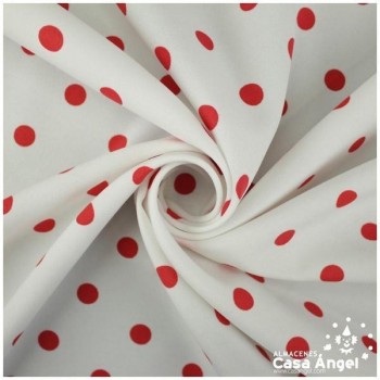 TELA STRECH PLANA DE LUNARES ROJOS SOBRE BLANCO SERIE TRILLA 150cm
