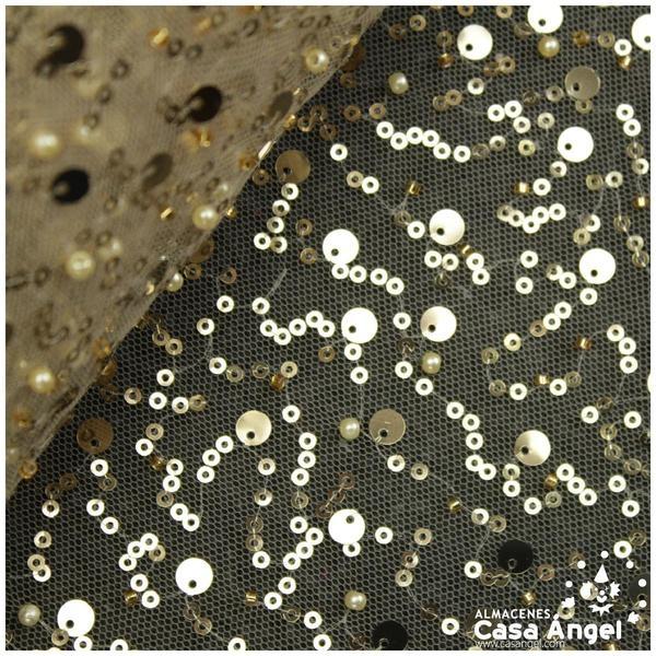 TUL ORO CLARO BORDADO CON PERLAS Y LENTEJUELAS SERIE SEIKO 130cm