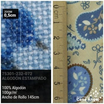 PATCHWORK FLOR DE CACHEMIR CELESTE Y MARRÓN 145cm