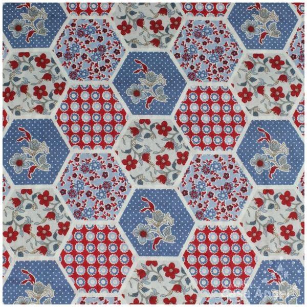 PATCHWORK PATRÓN HEXÁGONOS Y FLORES AZUL 145cm