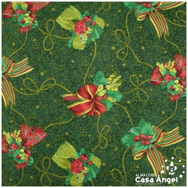 STRECH VERDE CON ESTAMPADO LAZOS NAVIDEÑOS MULTICOLOR  150cm