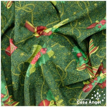 STRECH VERDE CON ESTAMPADO LAZOS NAVIDEÑOS MULTICOLOR  150cm