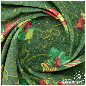 STRECH VERDE CON ESTAMPADO LAZOS NAVIDEÑOS MULTICOLOR  150cm