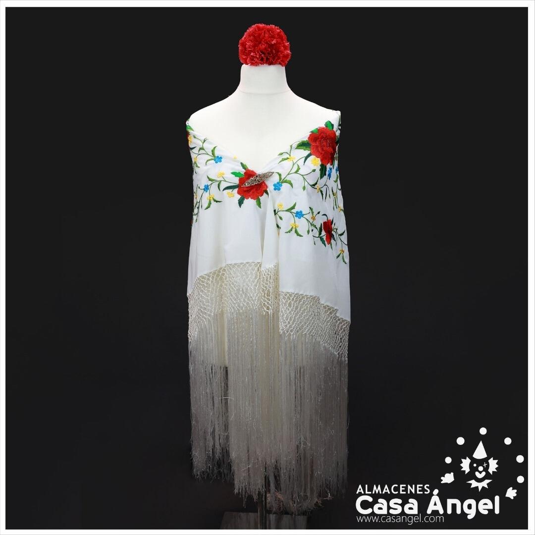 MANTÓN CUADRADO BLANCO BORDADO FLORES MULTICOLOR 110x110cm