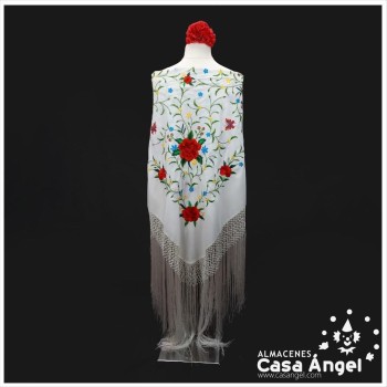 MANTÓN CUADRADO BLANCO BORDADO FLORES MULTICOLOR 110x110cm