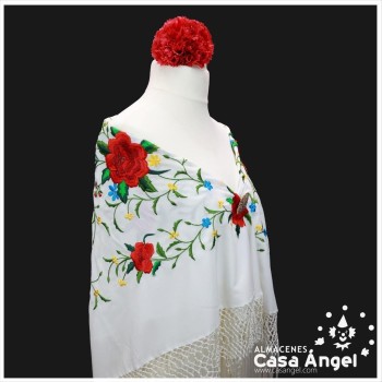 MANTÓN CUADRADO BLANCO BORDADO FLORES MULTICOLOR 110x110cm