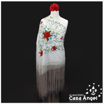 MANTÓN CUADRADO BLANCO BORDADO FLORES MULTICOLOR 110x110cm