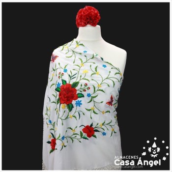 MANTÓN CUADRADO BLANCO BORDADO FLORES MULTICOLOR 110x110cm
