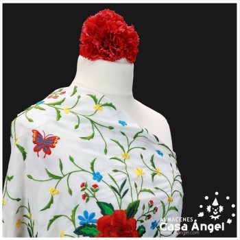 MANTÓN CUADRADO BLANCO BORDADO FLORES MULTICOLOR 110x110cm