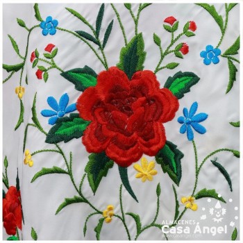 MANTÓN CUADRADO BLANCO BORDADO FLORES MULTICOLOR 110x110cm