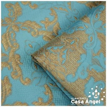 TEJIDO JACQUARD TURQUESA BROCADO CON HILOS DORADOS SERIE KASTILA 135cm