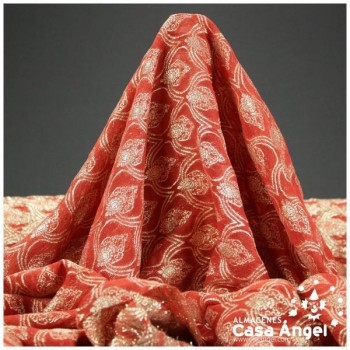GASA JACQUARD ROJO CORAL Y ORO SERIE MAHAL 135cm