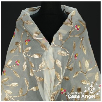 GASA BORDADA MOTIVO FLORAL BLANCO Y ORO 135cm
