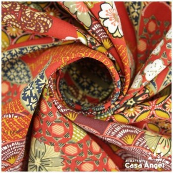 POPELÍN DE VISCOSA ESTAMPADO JAPONÉS ROJO CALDERA SERIE YIN 140cm