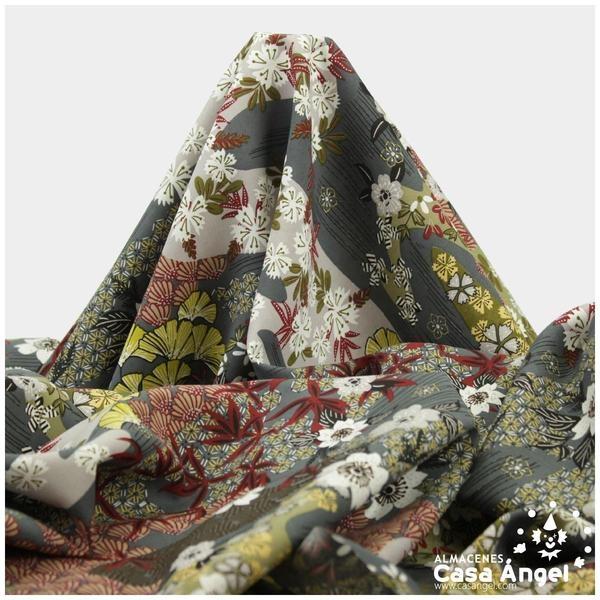 POPELÍN DE VISCOSA ESTAMPADO JAPONÉS GRIS GRAFITO SERIE AYO 140cm
