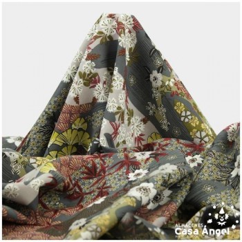 POPELÍN DE VISCOSA ESTAMPADO JAPONÉS GRIS GRAFITO SERIE AYO 140cm