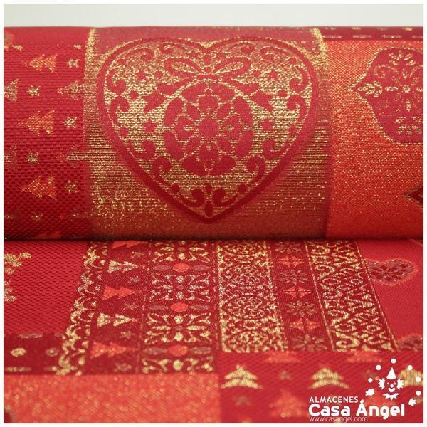 BROCADO DE MANTELERÍA ROJO CON SIMBOLOGÍA NAVIDEÑA EN LÚREX 140cm