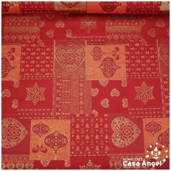 BROCADO DE MANTELERÍA ROJO CON SIMBOLOGÍA NAVIDEÑA EN LÚREX 140cm