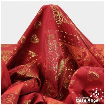 BROCADO DE MANTELERÍA ROJO CON SIMBOLOGÍA NAVIDEÑA EN LÚREX 140cm