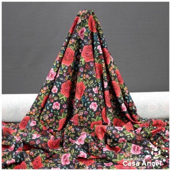 CREPE MANILA ESTAMPADO DE FLORES SOBRE FONDO NEGRO 150 cm