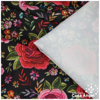 CREPE MANILA ESTAMPADO DE FLORES SOBRE FONDO NEGRO 150 cm