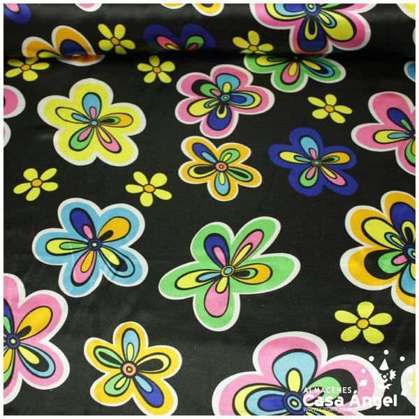 RASO NEGRO CON ESTAMPADO DE FLORES HIPPIE 150cm
