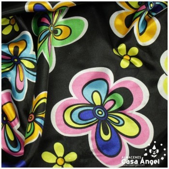 RASO NEGRO CON ESTAMPADO DE FLORES HIPPIE 150cm