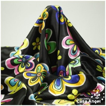 RASO NEGRO CON ESTAMPADO DE FLORES HIPPIE 150cm